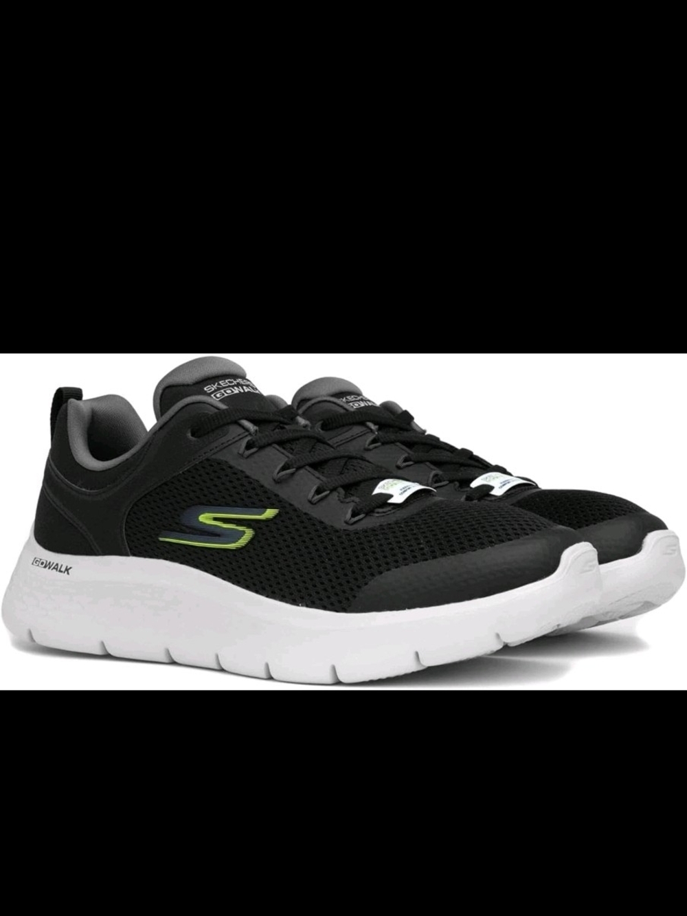 Skechers Men's Black Mesh Sneaker with White Sole and Green Accent - Picture 2 of 9